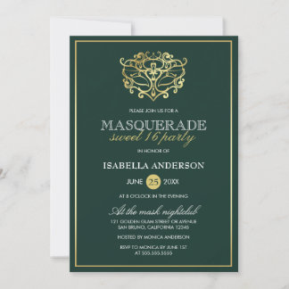 Emerald Green & Gold Masquerade Sweet 16 Party Einladung