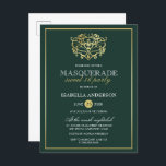 Emerald Green & Gold Masquerade Sweet 16 Party Einladungspostkarte<br><div class="desc">Emerald Green & Gold Masquerade Sweet 16 Party Postcard Einladungen. Mit einer goldenen Folienmaske aus Imitaten oben vor einem smaragdgrünen Hintergrund. Perfekt für eine moderne und dennoch schicke,  süße 16 Geburtstagsparty!</div>