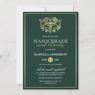 Emerald Green & Gold Masquerade Sweet 16 Party Magneteinladung