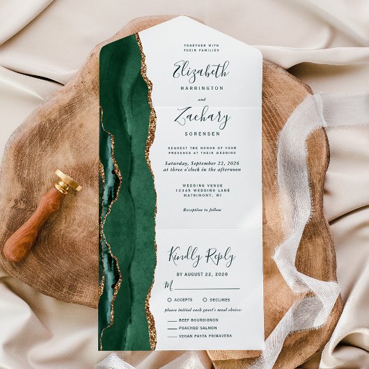 Emerald Green Gold Meal Options Wedding All In One Einladung