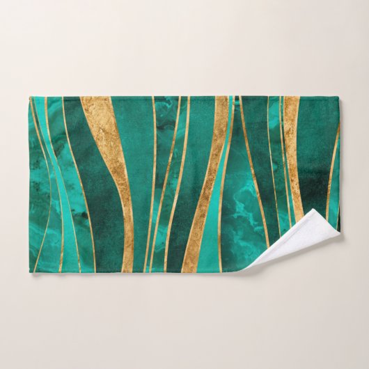 Emerald Green Gold Metallic Wavy Abstrakt Badhandtuch Set (Handtuch)