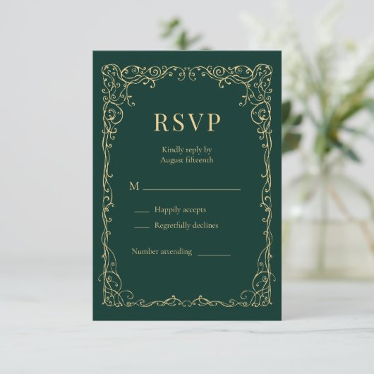 Emerald Green Gold Minimalist Wedding RSVP  (Stehend Vorderseite)