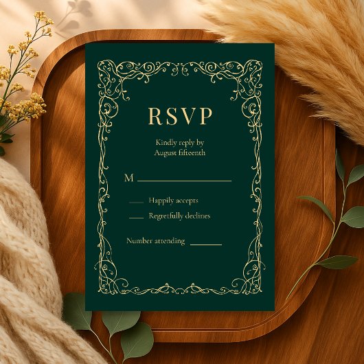 Emerald Green Gold Minimalist Wedding RSVP  Karte