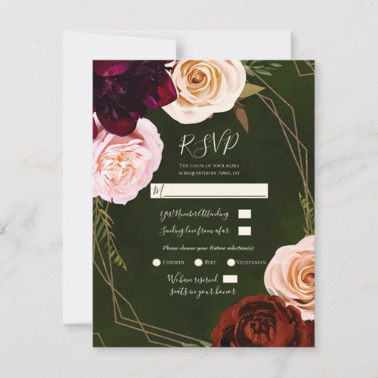 Emerald Green Gold Modern Dark Floral Wedding RSVP Einladung (Vorderseite)