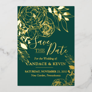 Emerald Green & Gold Modern Floral Save the Date Folieneinladung