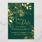Emerald Green & Gold Modern Floral Save the Date Folieneinladung (Vorderseite)