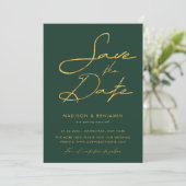 Emerald Green Gold Moderne Typografie Hochzeit Save The Date (Stehend Vorderseite)