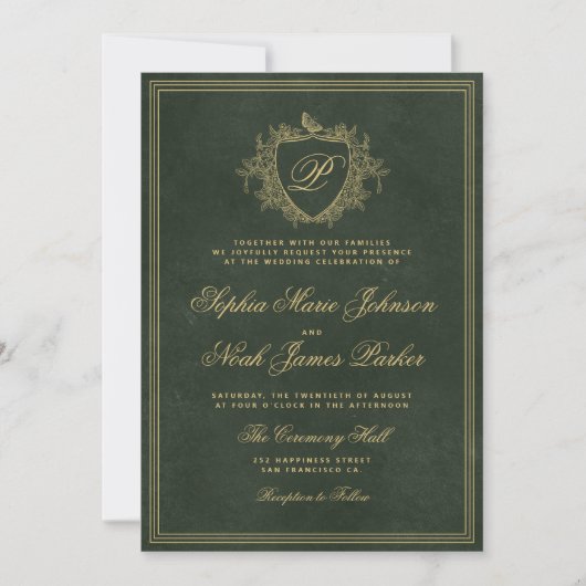 Emerald green gold monogram wedding einladung (Vorderseite)