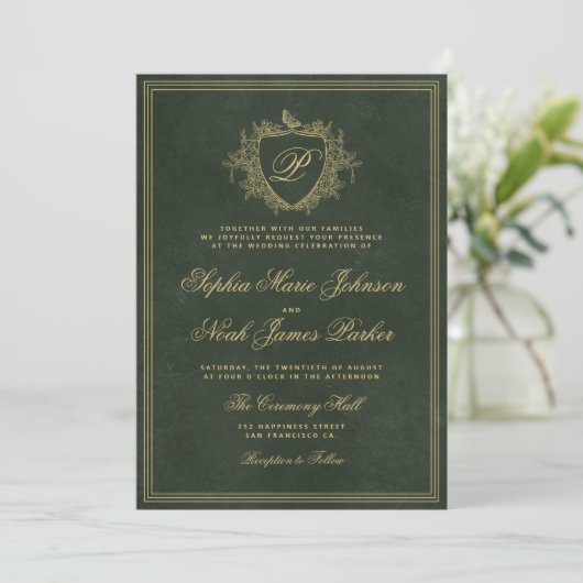Emerald green gold monogram wedding einladung (Stehend Vorderseite)