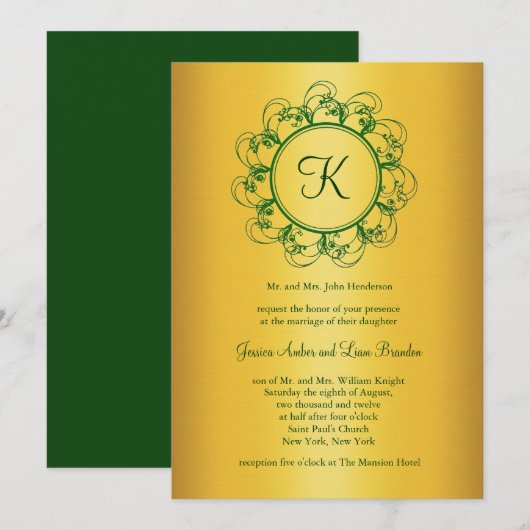Emerald Green & Gold Monogram Wedding Einladung (Vorne/Hinten)