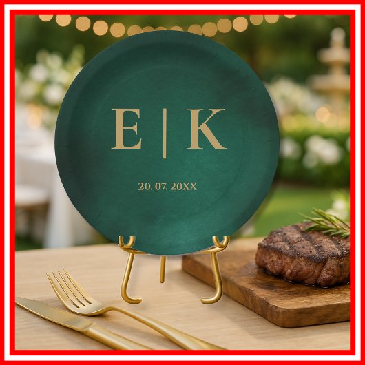 Emerald Green & Gold Monogram Wedding Pappteller