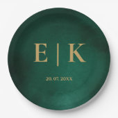 Emerald Green & Gold Monogram Wedding Pappteller (Vorderseite)