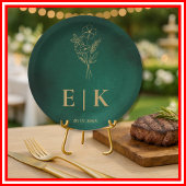 Emerald Green & Gold Monogram Wildblume Wedding Pappteller