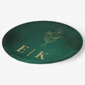 Emerald Green & Gold Monogram Wildblume Wedding Pappteller (Schrägansicht)