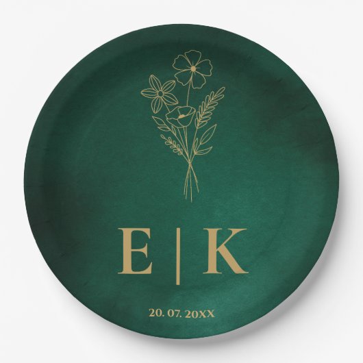 Emerald Green & Gold Monogram Wildblume Wedding Pappteller (Vorderseite)