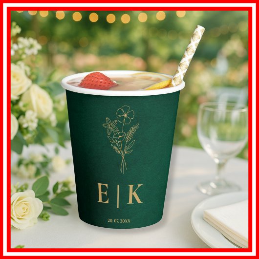 Emerald Green & Gold Monogram Wildflower Wedding Pappbecher