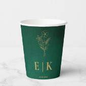Emerald Green & Gold Monogram Wildflower Wedding Pappbecher (Rückseite)