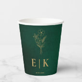 Emerald Green & Gold Monogram Wildflower Wedding Pappbecher (Vorderseite)