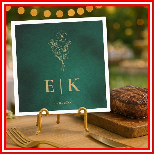 Emerald Green & Gold Monogram Wildflower Wedding Serviette