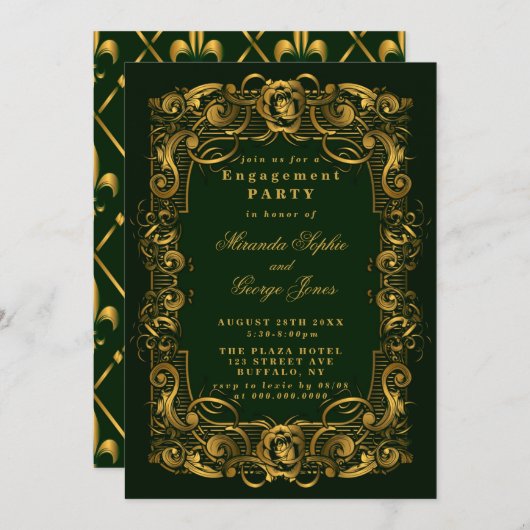 Emerald Green Gold Ornament Verlobung Einladung (Vorne/Hinten)