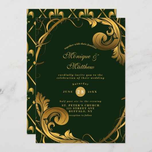 Emerald Green Gold Ornament Wedding Einladungen (Vorne/Hinten)