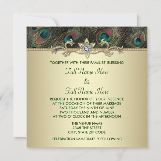 Emerald Green Gold Peacock Wedding Einladung (Vorderseite)