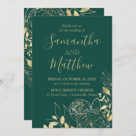 Emerald Green & Gold Peony Moderne Blumenhochzeit Einladung (Vorne/Hinten)