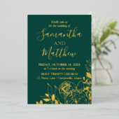 Emerald Green & Gold Peony Moderne Blumenhochzeit Folieneinladung (Stehend vorne)