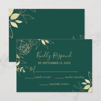 Emerald Green & Gold Peony Moderne Blumenhochzeit RSVP Karte