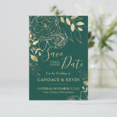 Emerald Green & Gold Peony Moderne Blumenhochzeit Save The Date (Stehend Vorderseite)