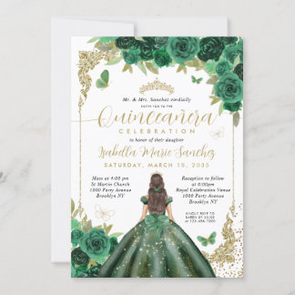 Emerald Green Gold Princess Floral Quinceañera Einladung