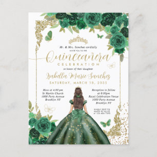 Emerald Green Gold Princess Floral Quinceañera Postkarte