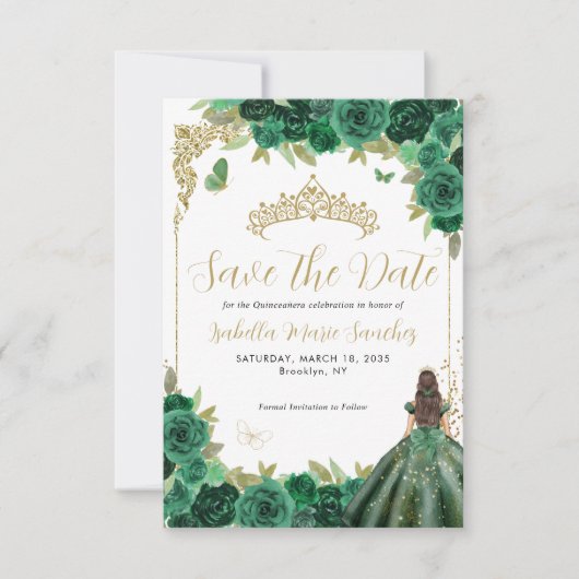 Emerald Green Gold Princess Quinceañera Birthday Save The Date (Vorderseite)