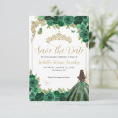 Emerald Green Gold Princess Quinceañera Birthday Save The Date (Stehend Vorderseite)