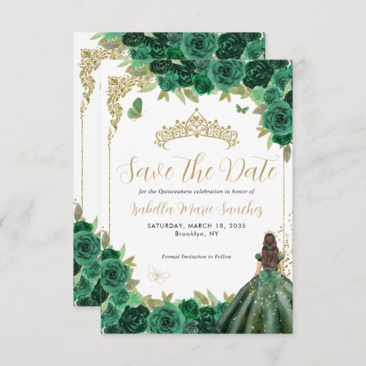 Emerald Green Gold Princess Quinceañera Birthday Save The Date (Vorne/Hinten)