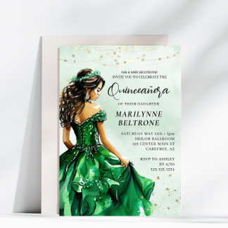 Emerald Green Gold Princess Quinceañera Einladung