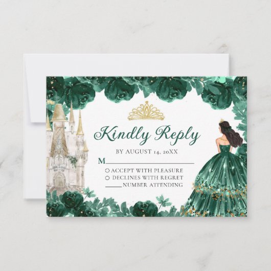 Emerald Green Gold Princess Quinceañera RSVP Card (Vorderseite)