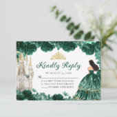 Emerald Green Gold Princess Quinceañera RSVP Card (Stehend Vorderseite)