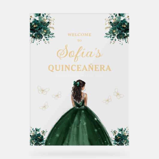 Emerald Green Gold Princess Quinceañera Willkommen Acrylschild (Vorderseite)