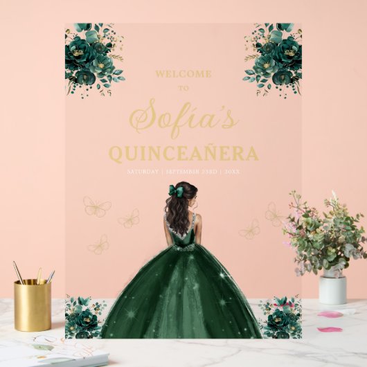Emerald Green Gold Princess Quinceañera Willkommen Acrylschild (Hochzeit)