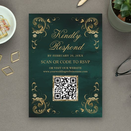 Emerald Green Gold QR Code UAWG Wedding Website Begleitkarte