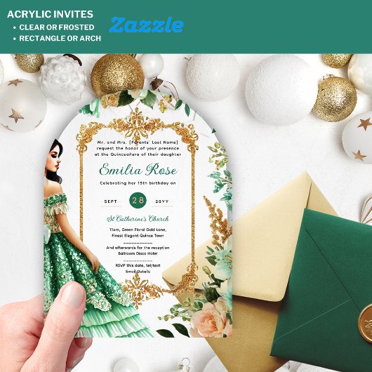 Emerald Green Gold Quinceanera Dress Blume Acryleinladungen