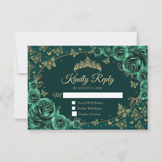 Emerald Green Gold Quinceanera Reply RSVP Karte (Vorderseite)