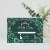Emerald Green Gold Quinceanera Reply RSVP Karte (Stehend Vorderseite)