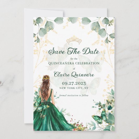 Emerald Green Gold Quinceanera Save the Date Ankündigung (Vorderseite)