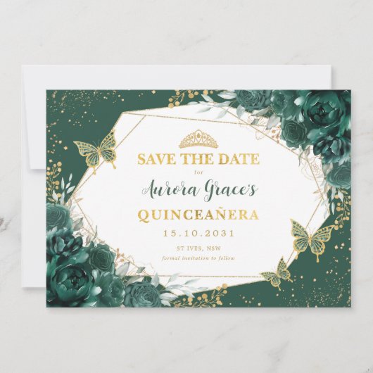 Emerald Green Gold Quinceanera Save the Date Ankündigung (Vorderseite)