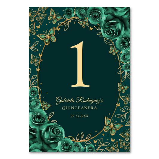 Emerald Green Gold Quinceanera Tischnummer (Vorderseite)