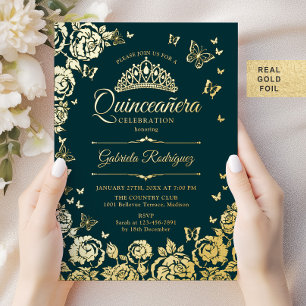 Emerald Green Gold Rose Schmetterlinge Quinceanera Folieneinladung
