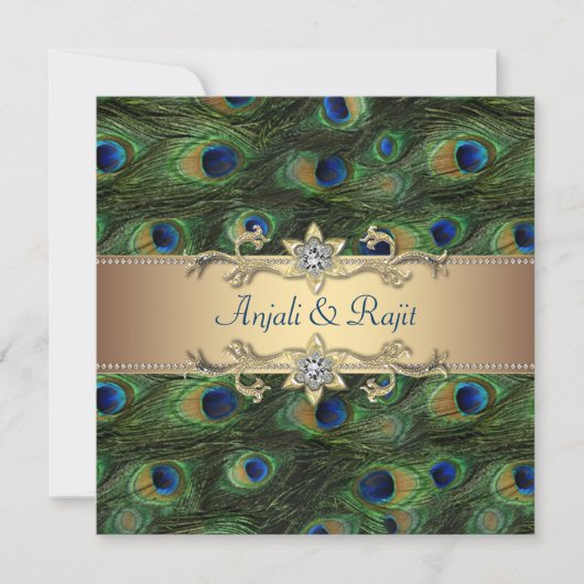 Emerald Green Gold Royal Indian Peacock Wedding Einladung (Vorderseite)