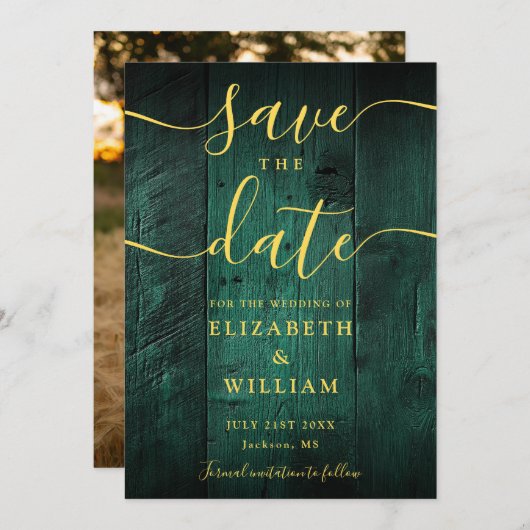 Emerald Green Gold Rustic Barn Wood Foto Hochzeit Save The Date (Vorne/Hinten)
